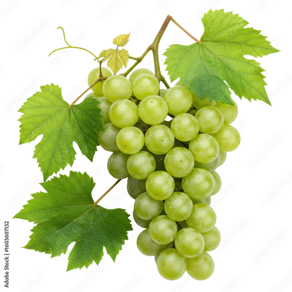 Obraz premium Fresh green grapes with leaves isolated PNG with Transparent Background