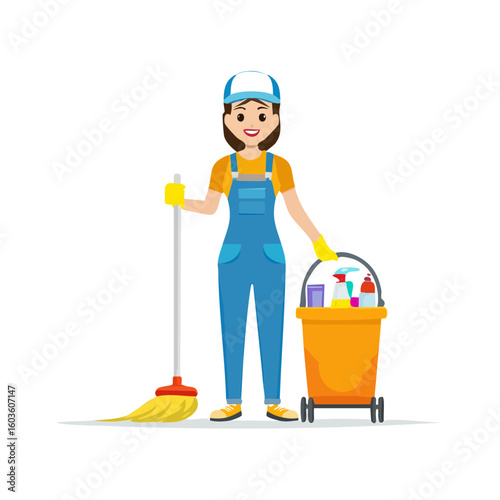 Female cleaning floor with mop and bucket wearing work attire smiling indoors