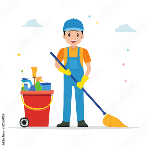 Man cleaning floor with mop and bucket wearing work attire smiling indoors