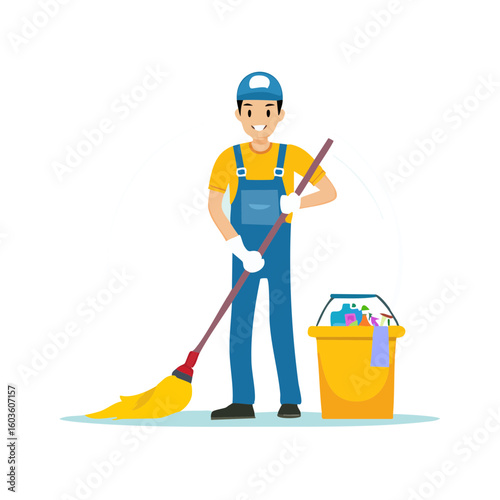 Man cleaning floor with mop and bucket wearing work attire smiling indoors