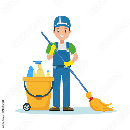 Man cleaning floor with mop and bucket wearing work attire smiling indoors