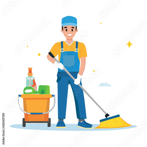 Man cleaning floor with mop and bucket wearing work attire smiling indoors