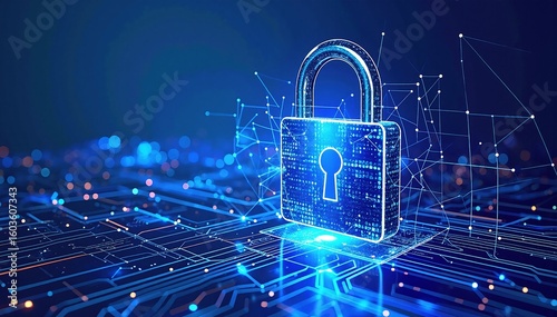 A shiny padlock rests atop a complex circuit board, illuminated by vibrant blue LED lights, symbolizing security in technology and digital safety.