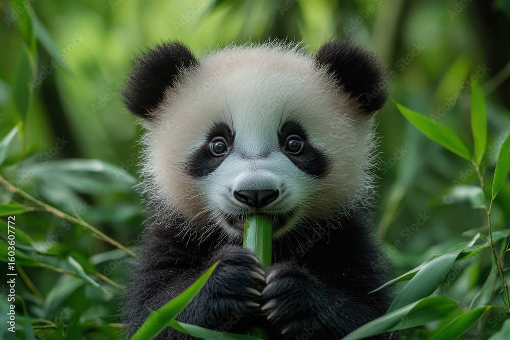Obraz premium Panda munching on bamboo leaves.