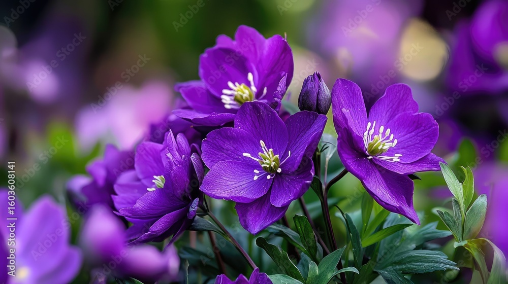 Vibrant Purple Flowers in Bloom with Glowing Petals and Lush Green Foliage in a Garden Setting Vibrant Purple Flowers in Bloom with Glowing Petals and Lush Green Foliage in a Garden Setting
