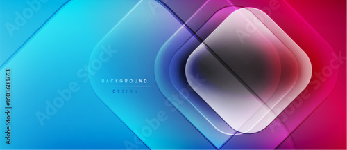Abstract geometric shapes blend vibrant blue, purple hues. Overlapping layers create dynamic visual effect. Modern design element.