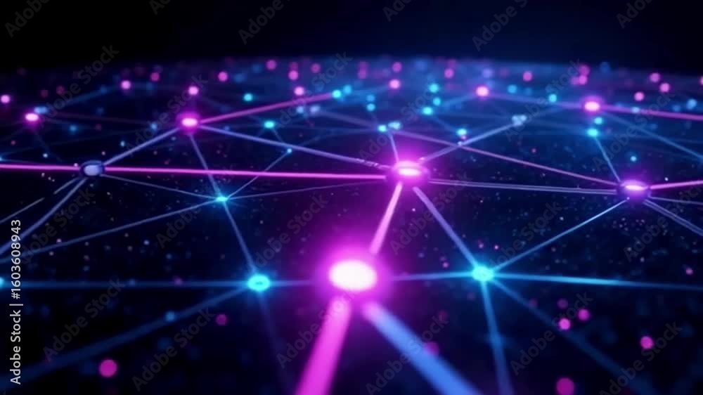 Futuristic neon network with bright connections in the dark space
