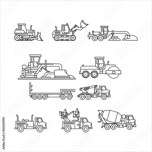 Set of line icons for construction vehicles. Vector images featuring a bulldozer, loader, grader, paver, roller, lowboy hauler, utility vehicle, and concrete mixer, all in a thin linear style.
