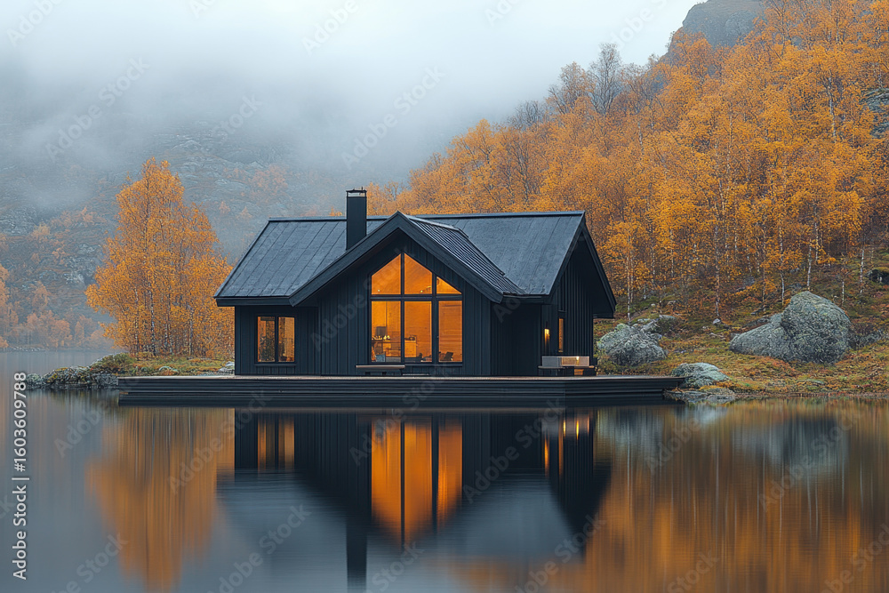 Fototapeta premium Small cabin perched on lake, embraced by trees.
