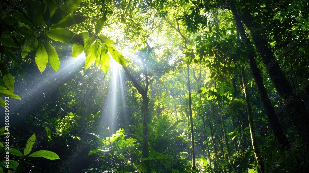 Obraz premium Lush Green Jungle with Sun Rays Streaming Through Dense Canopy in Serene Nature Scene