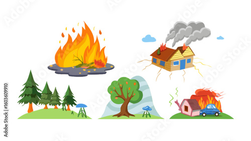 Illustrations of fire damage to property including homes, cars, and nature fire safety and prevention guide