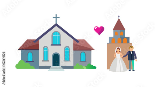 Wedding church vector illustration for marriage ceremony and christian religious celebration design concept