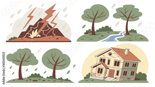 Natural disaster illustration set featuring earthquake lightning flood and damaged house cartoon vector art