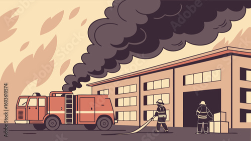 Firefighters responding to building fire emergency with fire truck and smoke rescue operation scene illustration
