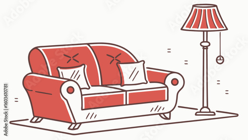 Red sofa and lamp furniture interior design home decor living room apartment couch pillows relaxation style