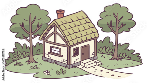 Cute cartoon house illustration surrounded by trees and bushes in a whimsical landscape design asset