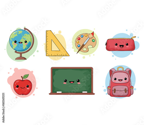 Cute Kawaii School Supplies Featuring Globe Ruler Paint Palette Pencil Case Apple Blackboard Backpack	