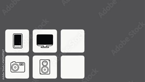 Hand drawn icons of electronic devices on white squares