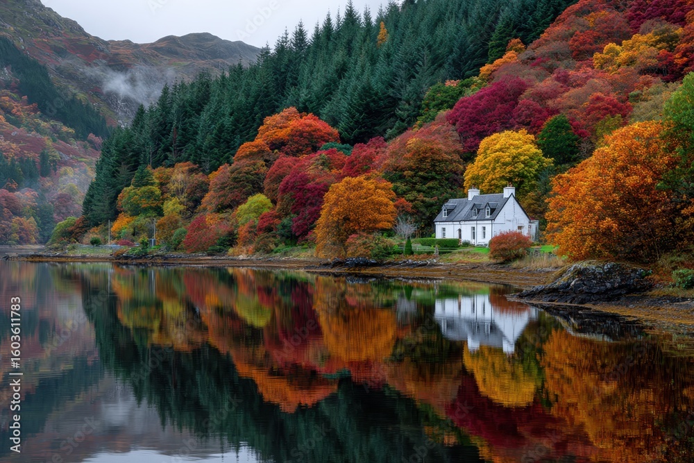 Fototapeta premium Tranquil lakeside cottage surrounded by vibrant autumn foliage reflected in calm waters