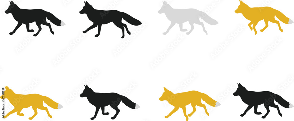 Obraz premium Dynamic fox silhouettes in motion, black, gold, and gray tones, perfect for wildlife or conceptual designs.