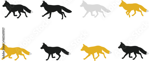 Dynamic fox silhouettes in motion, black, gold, and gray tones, perfect for wildlife or conceptual designs.