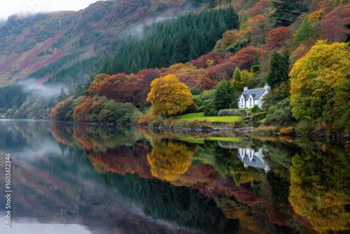 Serene scottish highlands lakeside dwelling reflecting autumnal foliage under moody overcast skies