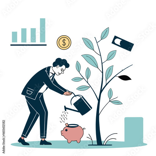 Flat vector illustration of a businessman or entrepreneur watering a piggy bank to grow a money tree, symbolizing investment, financial growth, and long-term success.
