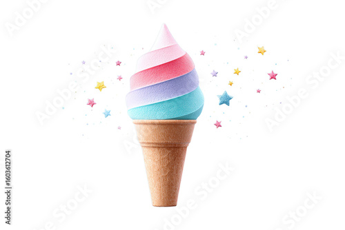 Colorful Swirled Ice Cream Cone with Star and Heart Sprinkles on Transparent Background