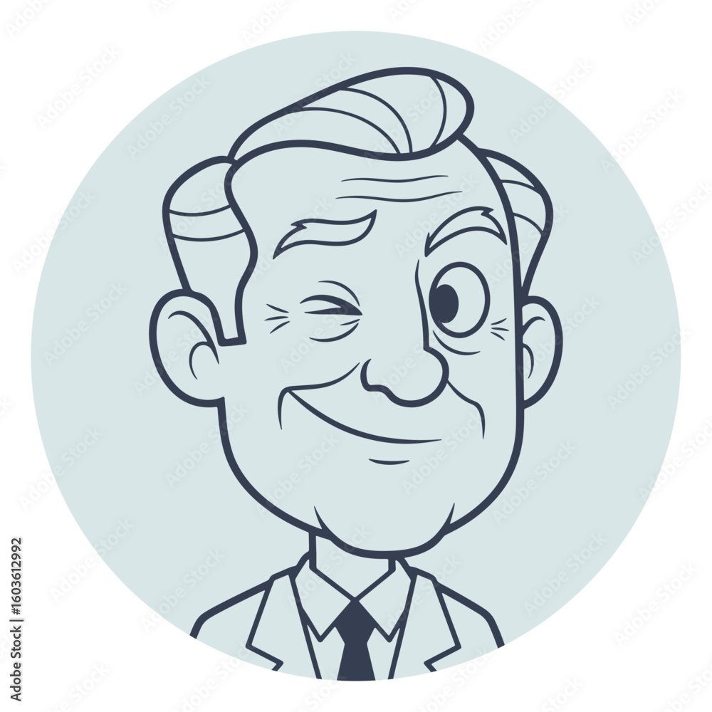 Cartoon Portrait of a Winking Businessman with Hair and Suit in a Circle Cartoon Portrait of a Winking Businessman with Hair and Suit in a Circle