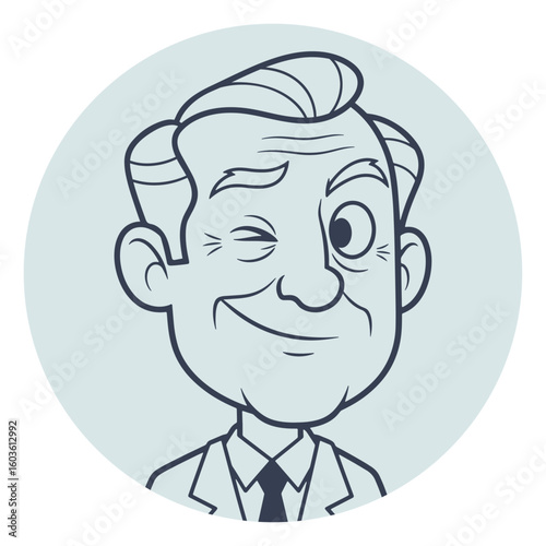 Cartoon Portrait of a Winking Businessman with Hair and Suit in a Circle