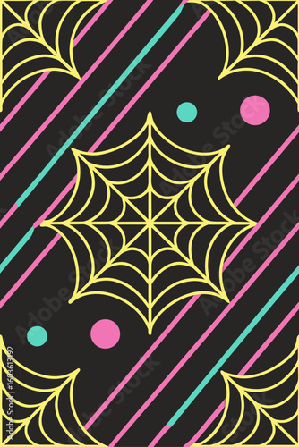 Yellow spider web with pink and teal stripes abstract background