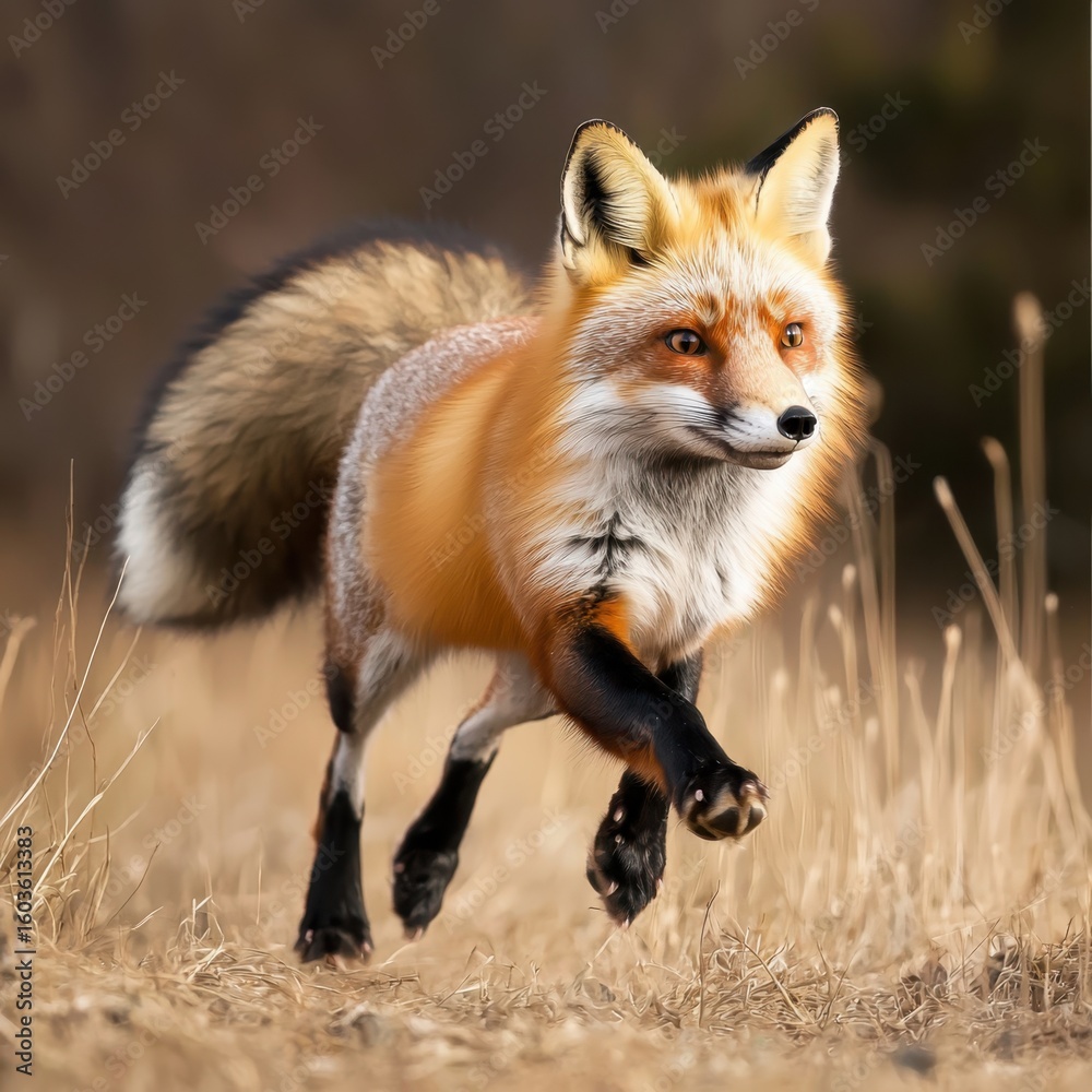Obraz premium Red Fox Running Through Dry Grass