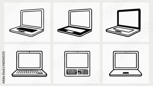 Six black and white laptop icons in minimalist vector style