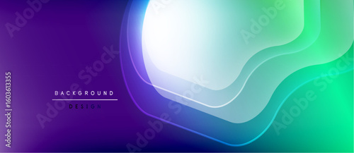 Abstract background features flowing purple, green gradients. Overlapping layers create dynamic visual effect. Minimal text present.