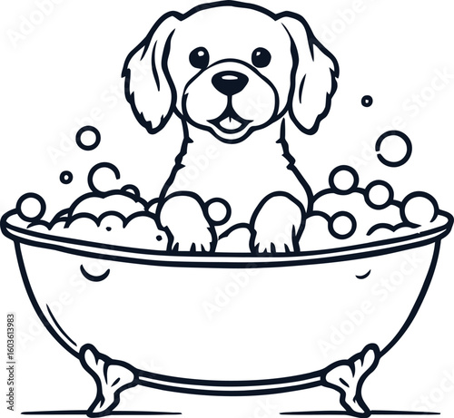 Dog Bath Tub Cartoon Vector – Cute Pet in Bubbles Silhouette for Grooming, Spa and Animal Care Projects