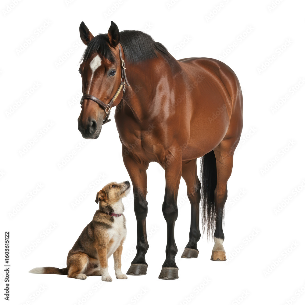 Obraz premium A beautiful bay horse and a small dog standing together, showcasing an unusual and heartwarming animal friendship. Ideal for themes of companionship and interspecies bonds.