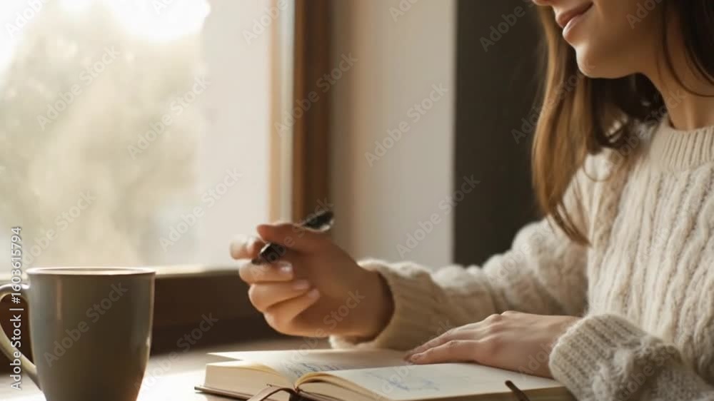 Intimate moment of personal journaling in soft morning ambiance