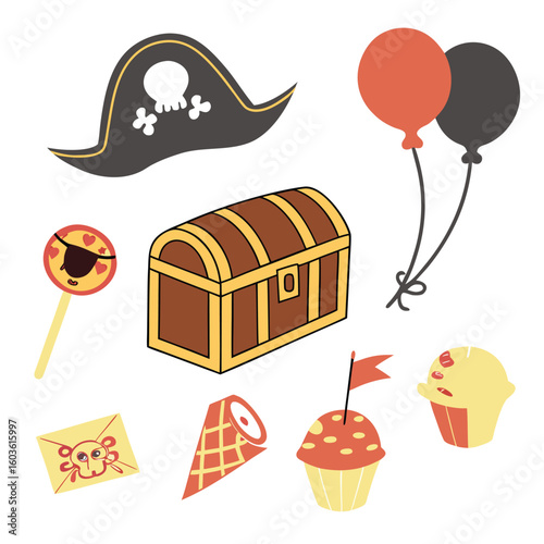 Cute Pirate Party Icons Treasure Chest, Pirate Hat, Balloons, and Treats for Kids' Celebrations and Themed Events with Whimsical Hand-Drawn Style