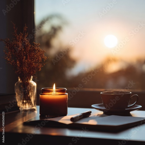 A lit candle, a cup of tea, and a notebook sit on a table in front of a window with a sunset view.  Warm light creates a peaceful, contemplative mood