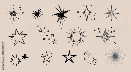 A collection of twelve hand-drawn starburst and star illustrations in black ink on a beige background, varying in style and complexity