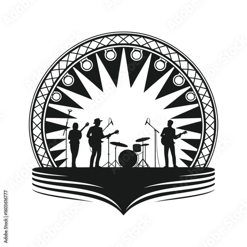 Band performing on stage with drum kit and guitars music performance