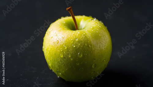 A crisp green apple glistening with water droplets on a dark background—ideal for healthy food branding, packaging, diet campaigns, or premium product advertisements