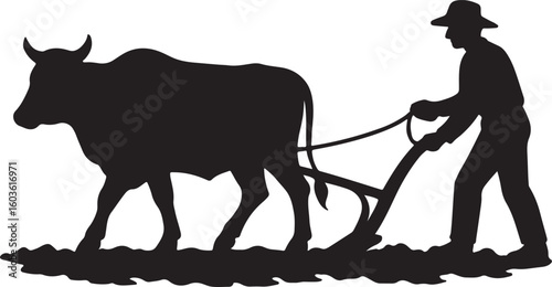 Farmer plowing field with ox silhouette vector illustration.