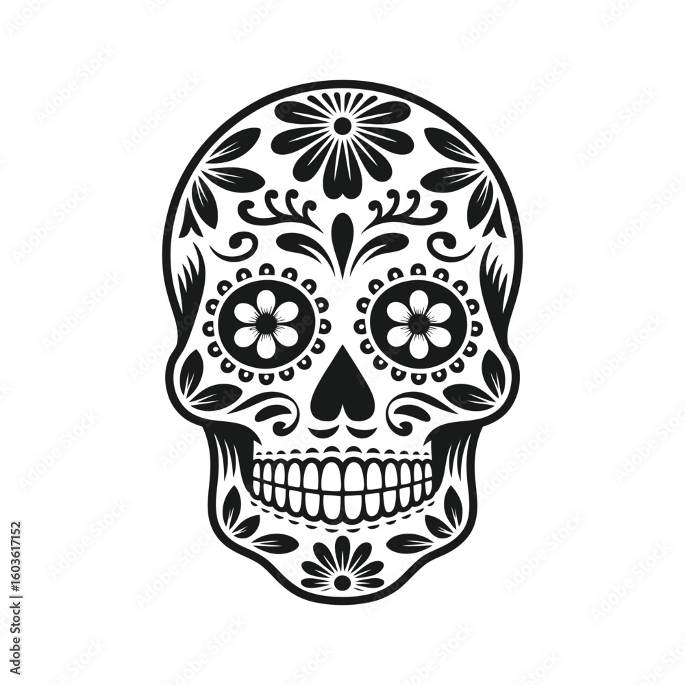 Fototapeta premium Black floral sugar skull design day of the dead ornamental