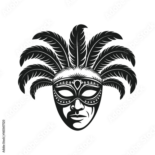 Black feathered masquerade mask with ornate details feathers black and white