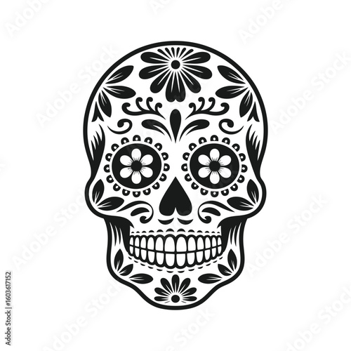 Black floral sugar skull design day of the dead ornamental