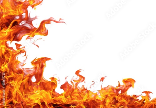 Fiery orange and yellow flames form a corner border against a stark white background, creating a dynamic and energetic composition