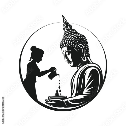 Buddhist ritual pouring water over statue buddha