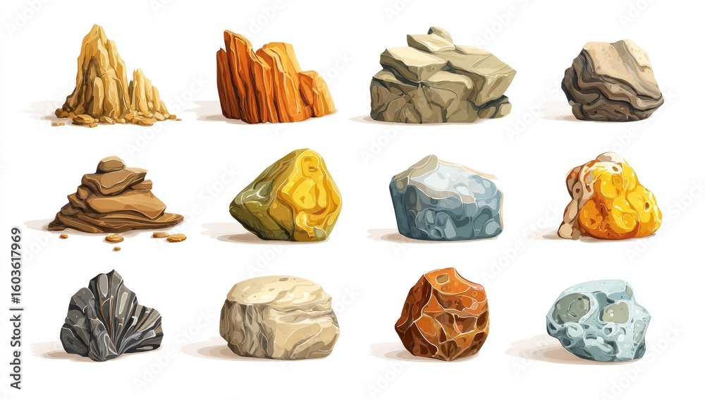 Naklejka premium A collection of twelve diverse rock formations and stones, each exhibiting unique textures, colors, and shapes, set against a clean white backdrop