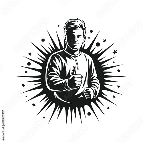 Confident man giving thumbs up with starburst background success achievement